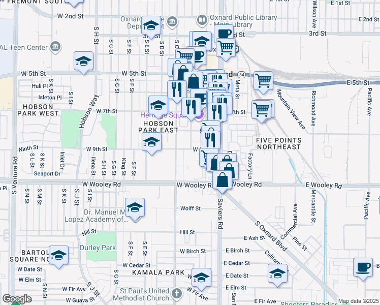 map of restaurants, bars, coffee shops, grocery stores, and more near 300 West 9th Street in Oxnard
