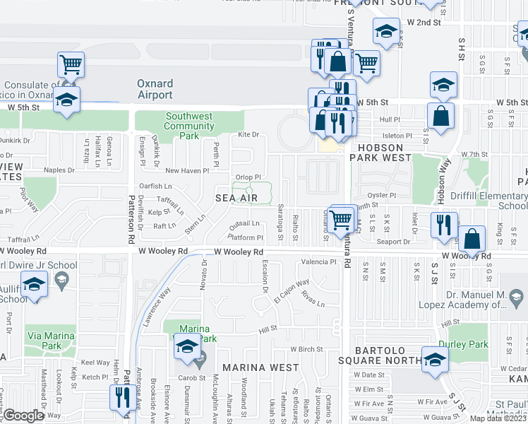 map of restaurants, bars, coffee shops, grocery stores, and more near 2000 West 9th Street in Oxnard