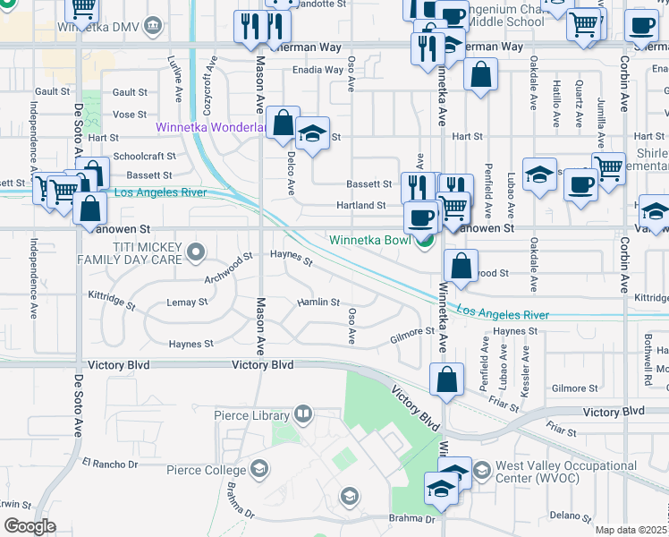 map of restaurants, bars, coffee shops, grocery stores, and more near 20341 Haynes Street in Los Angeles