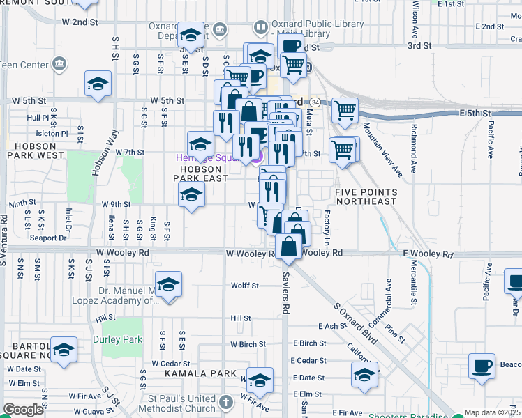 map of restaurants, bars, coffee shops, grocery stores, and more near 851 South A Street in Oxnard