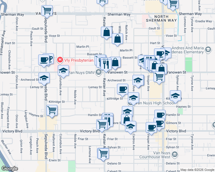 map of restaurants, bars, coffee shops, grocery stores, and more near 14853 Lemay Street in Los Angeles