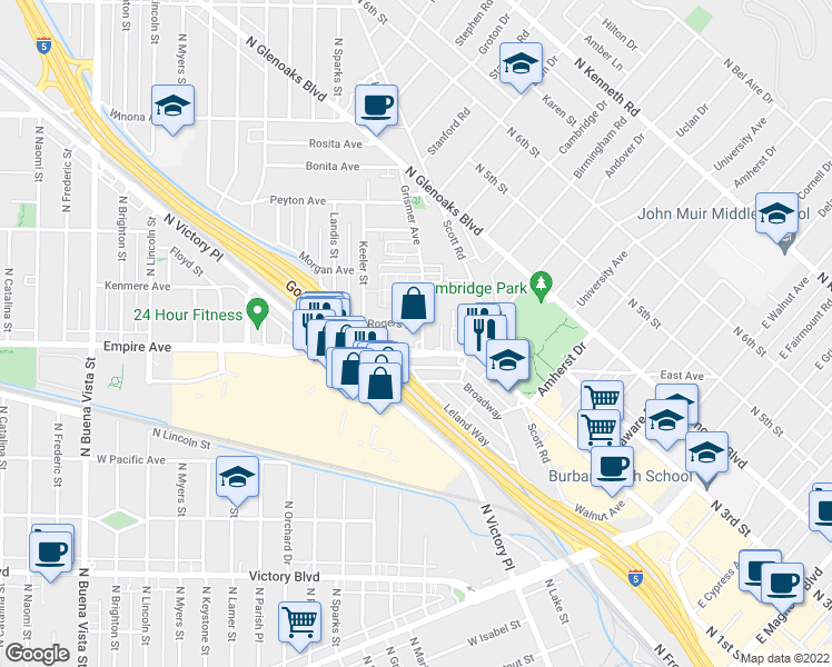 map of restaurants, bars, coffee shops, grocery stores, and more near 1515 Grismer Avenue in Burbank