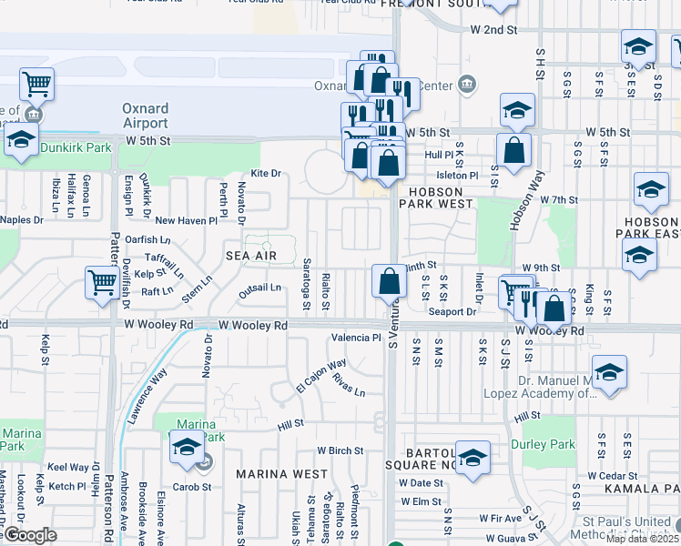 map of restaurants, bars, coffee shops, grocery stores, and more near 1721 Ninth Street in Oxnard
