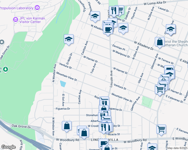map of restaurants, bars, coffee shops, grocery stores, and more near 595 Ventura Street in Altadena