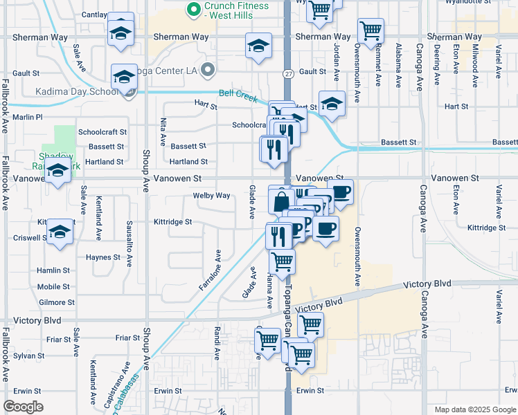 map of restaurants, bars, coffee shops, grocery stores, and more near 6713 Glade Avenue in Los Angeles