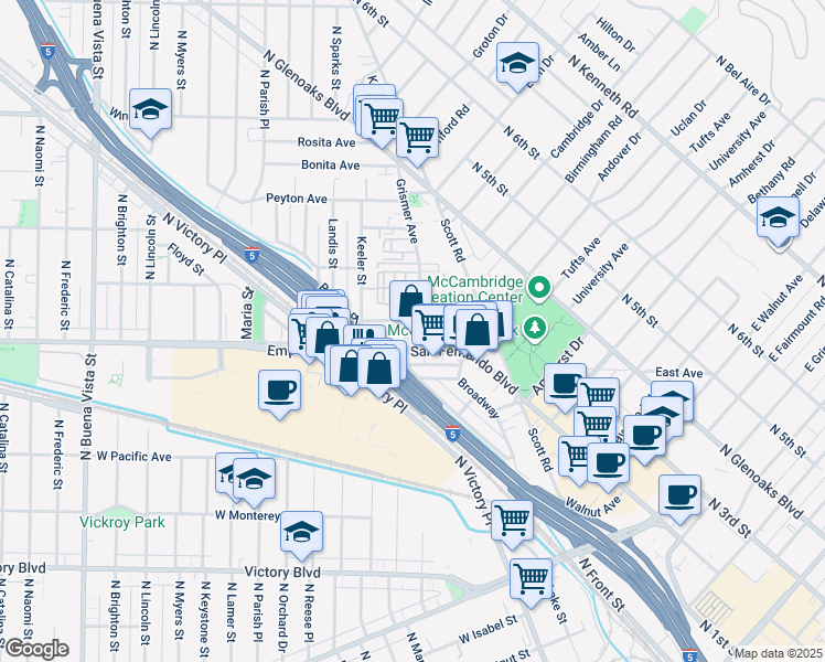 map of restaurants, bars, coffee shops, grocery stores, and more near 1515 Grismer Avenue in Burbank