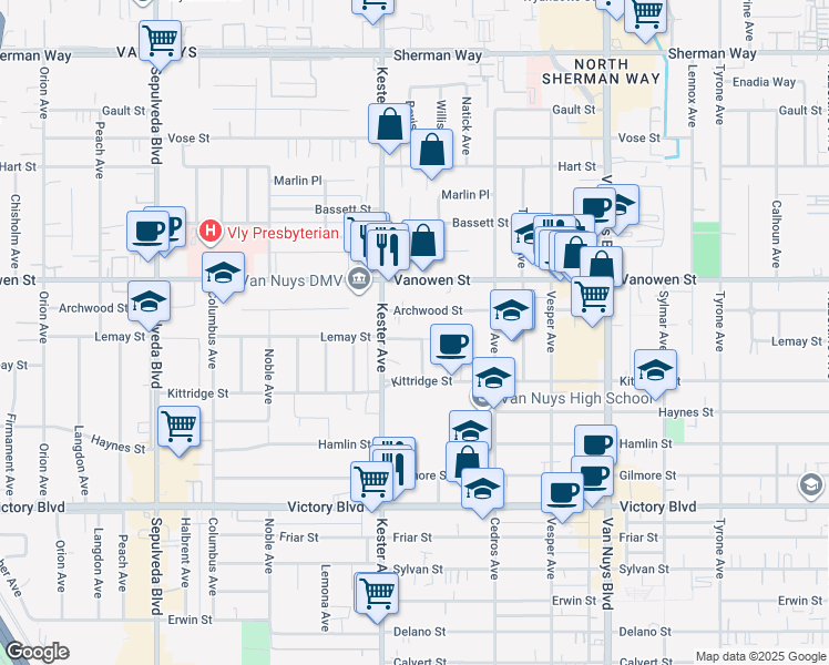 map of restaurants, bars, coffee shops, grocery stores, and more near 14829 Lemay Street in Los Angeles