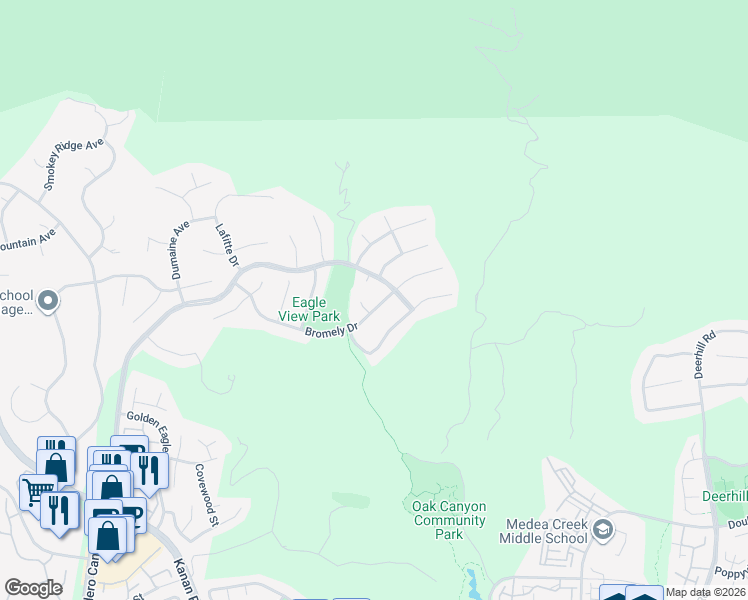 map of restaurants, bars, coffee shops, grocery stores, and more near 5475 Bromely Drive in Oak Park