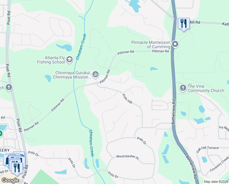 map of restaurants, bars, coffee shops, grocery stores, and more near 7310 Richmond Way in Cumming