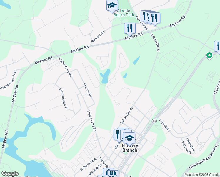 map of restaurants, bars, coffee shops, grocery stores, and more near 5614 Kahawi Drive in Flowery Branch