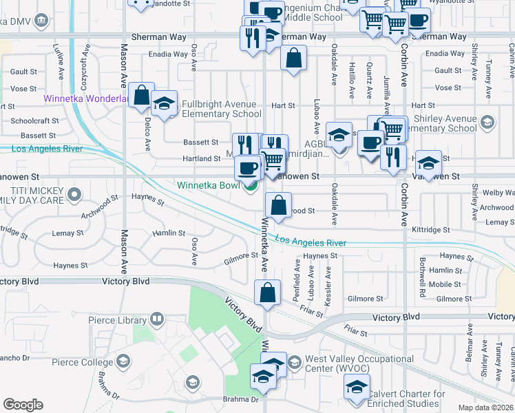 map of restaurants, bars, coffee shops, grocery stores, and more near 20109 Archwood Street in Los Angeles