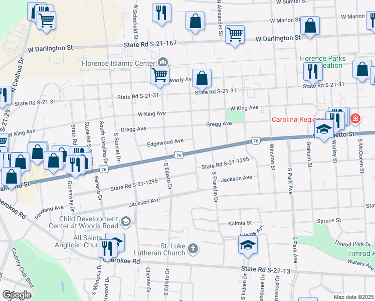 map of restaurants, bars, coffee shops, grocery stores, and more near 1113 West Palmetto Street in Florence