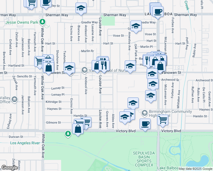 map of restaurants, bars, coffee shops, grocery stores, and more near 17239 Archwood Street in Los Angeles