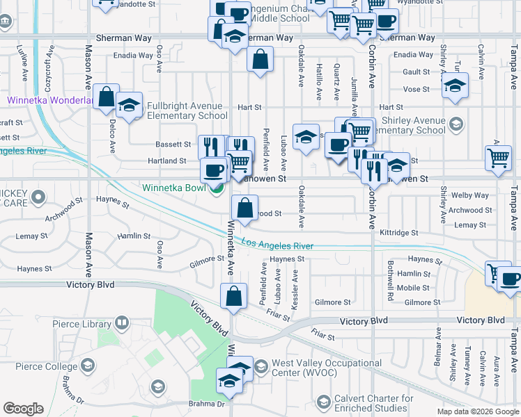 map of restaurants, bars, coffee shops, grocery stores, and more near 20006 Welby Way in Los Angeles