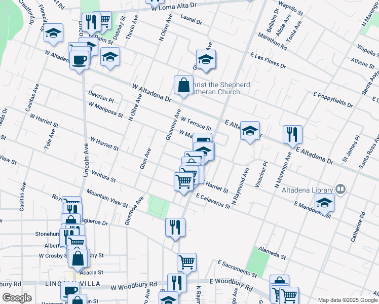 map of restaurants, bars, coffee shops, grocery stores, and more near 64 West Mariposa Street in Altadena