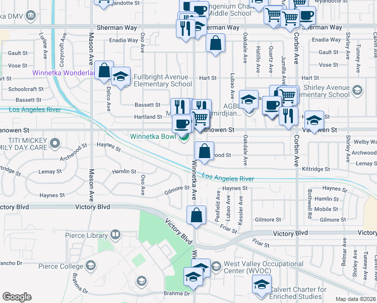 map of restaurants, bars, coffee shops, grocery stores, and more near 20109 Archwood Street in Los Angeles