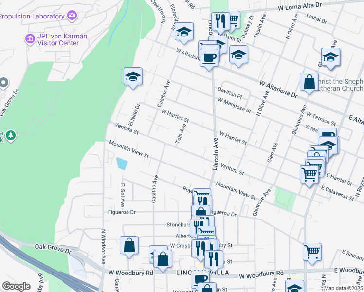 map of restaurants, bars, coffee shops, grocery stores, and more near 595 Ventura Street in Altadena
