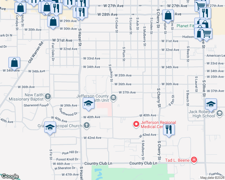map of restaurants, bars, coffee shops, grocery stores, and more near 1717 West 37th Avenue in Pine Bluff