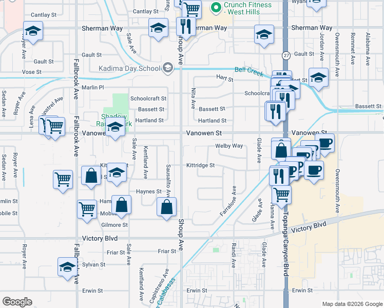 map of restaurants, bars, coffee shops, grocery stores, and more near 22357 Welby Way in Los Angeles