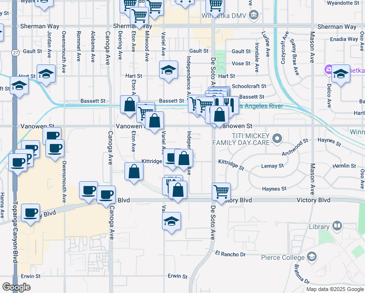 map of restaurants, bars, coffee shops, grocery stores, and more near 6709 Independence Avenue in Los Angeles