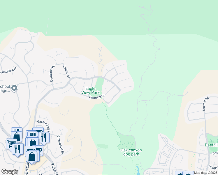 map of restaurants, bars, coffee shops, grocery stores, and more near 5475 Bromely Drive in Oak Park