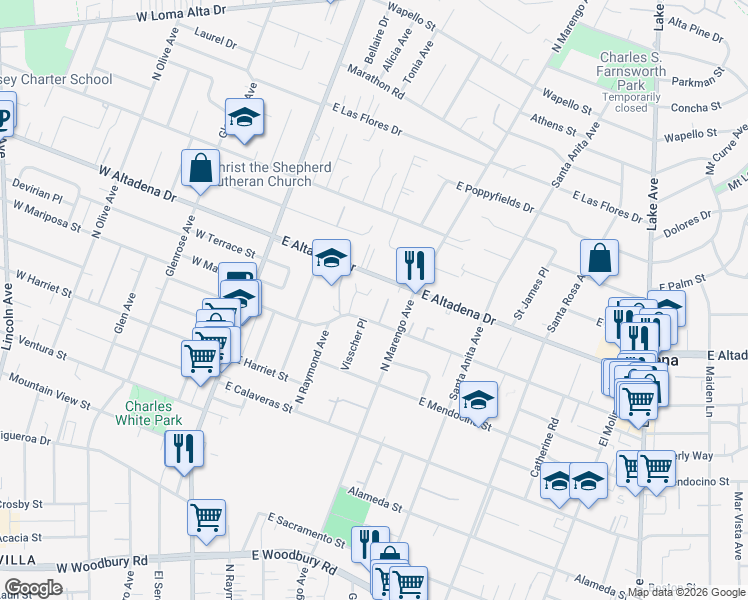 map of restaurants, bars, coffee shops, grocery stores, and more near 230 Highlawn Place in Altadena