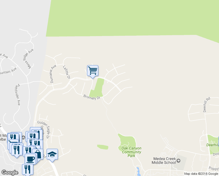 map of restaurants, bars, coffee shops, grocery stores, and more near 5475 Bromely Drive in Oak Park