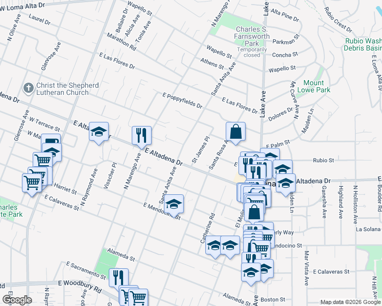 map of restaurants, bars, coffee shops, grocery stores, and more near 2741 Saint James Place in Altadena