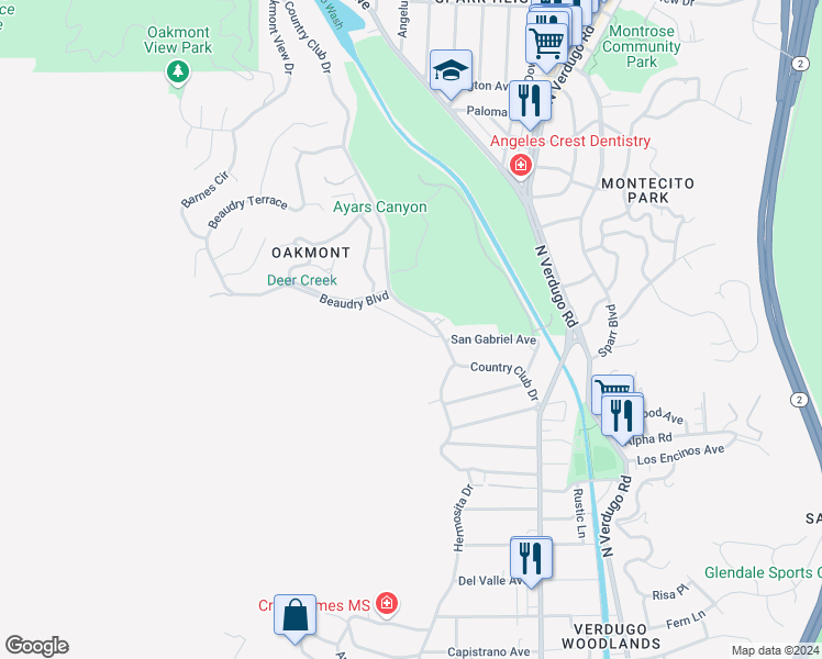 map of restaurants, bars, coffee shops, grocery stores, and more near 3033 San Gabriel Avenue in Glendale