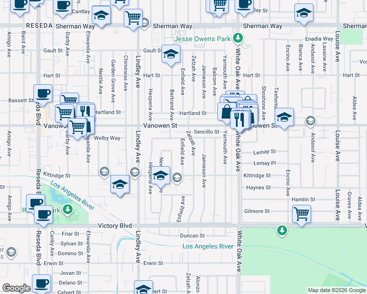 map of restaurants, bars, coffee shops, grocery stores, and more near 17930 Welby Way in Los Angeles