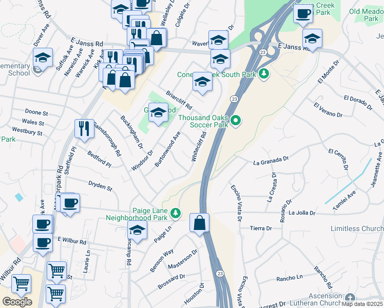 map of restaurants, bars, coffee shops, grocery stores, and more near 1113 Whitecliff Road in Thousand Oaks