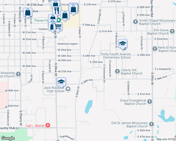 map of restaurants, bars, coffee shops, grocery stores, and more near 3607 South Main Street in Pine Bluff