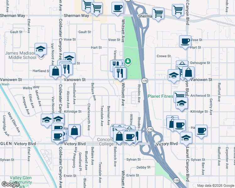 map of restaurants, bars, coffee shops, grocery stores, and more near 6707 Whitsett Avenue in Los Angeles