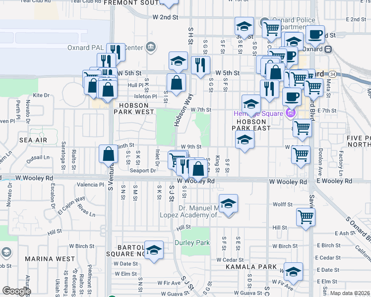 map of restaurants, bars, coffee shops, grocery stores, and more near 905 Ilena Street in Oxnard