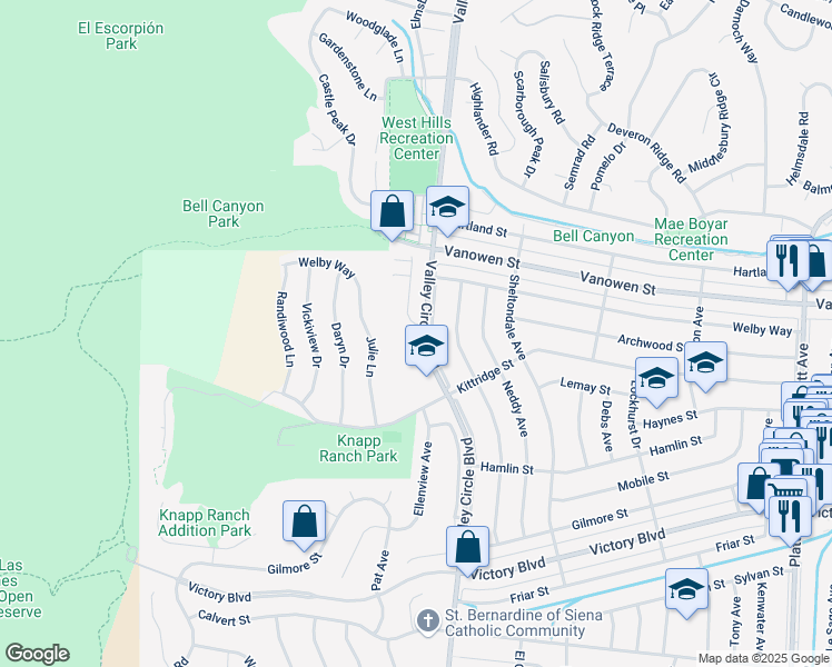 map of restaurants, bars, coffee shops, grocery stores, and more near 6701 Corie Lane in Los Angeles County
