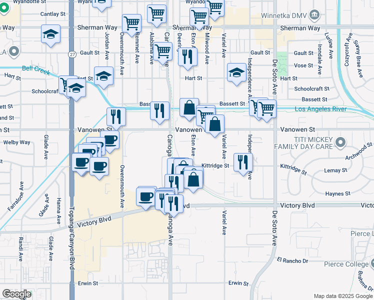 map of restaurants, bars, coffee shops, grocery stores, and more near 6701 Eton Avenue in Los Angeles