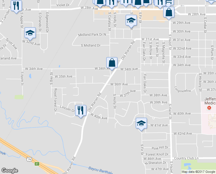 map of restaurants, bars, coffee shops, grocery stores, and more near 2920 West 36th Avenue in Pine Bluff