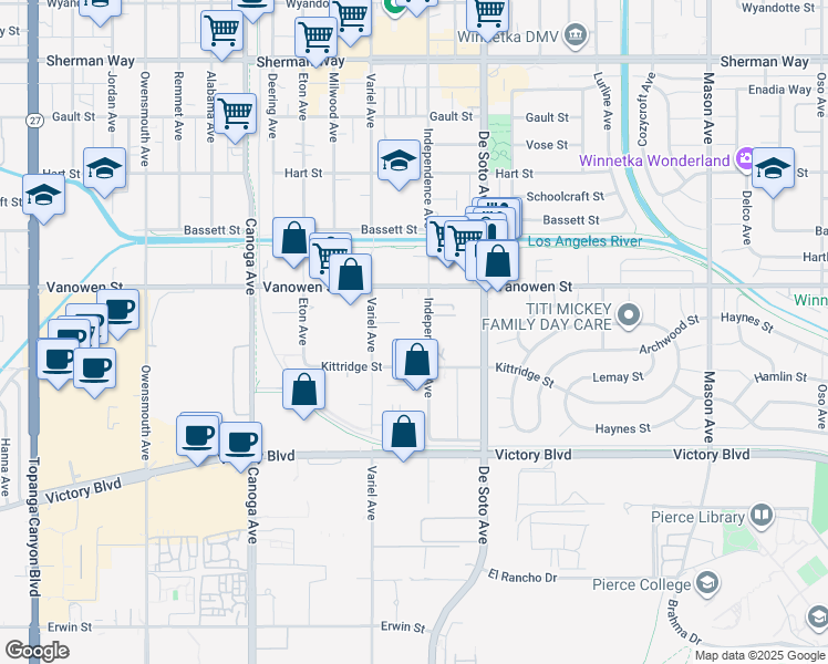 map of restaurants, bars, coffee shops, grocery stores, and more near 6709 Independence Avenue in Los Angeles