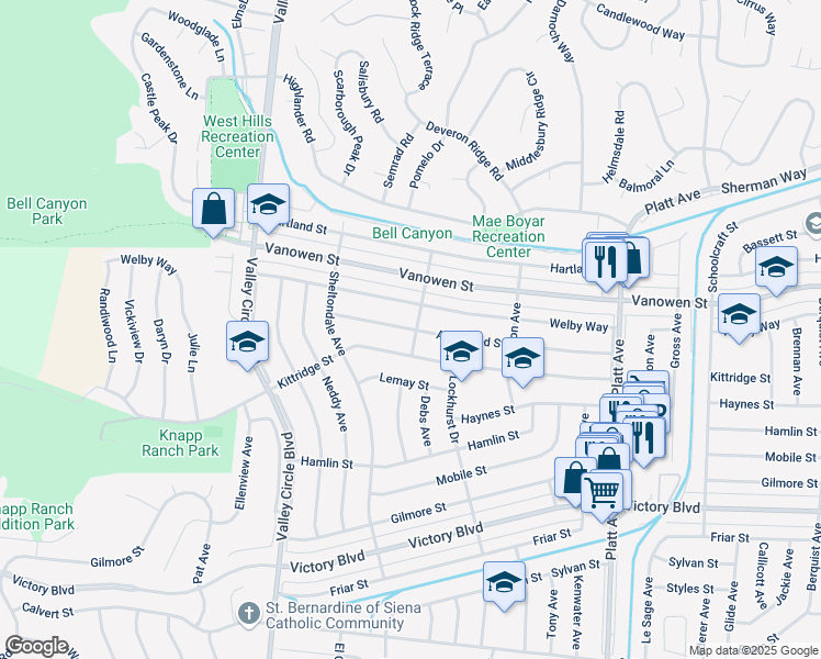 map of restaurants, bars, coffee shops, grocery stores, and more near 24033 Archwood Street in Los Angeles