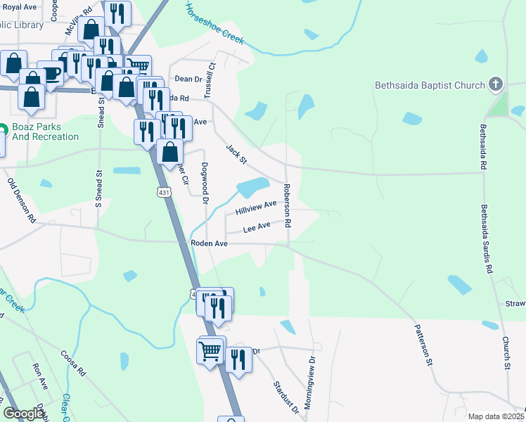map of restaurants, bars, coffee shops, grocery stores, and more near 150 Hillview Avenue in Boaz