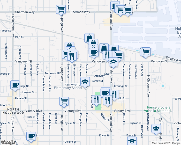 map of restaurants, bars, coffee shops, grocery stores, and more near 11137 Archwood Place in Los Angeles