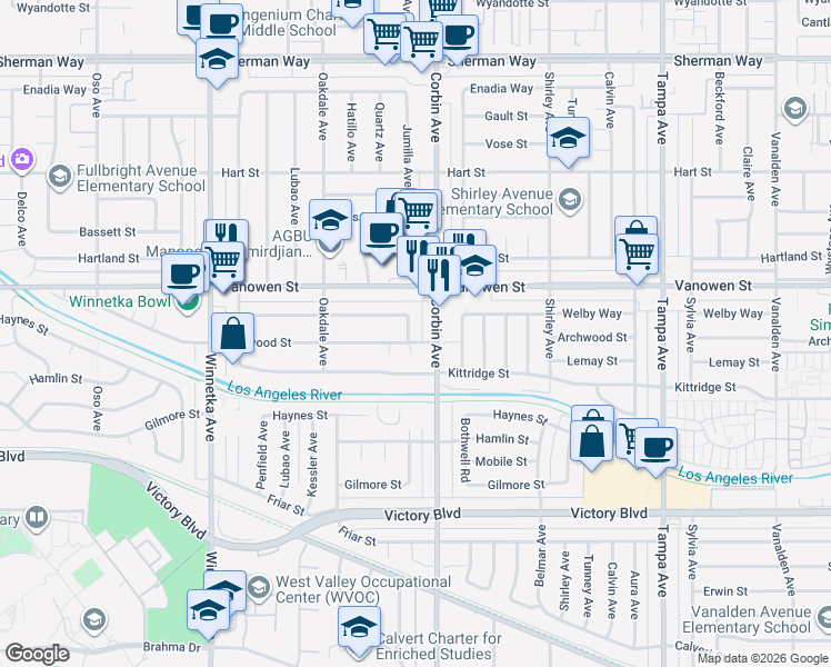 map of restaurants, bars, coffee shops, grocery stores, and more near 6706 Jumilla Avenue in Los Angeles