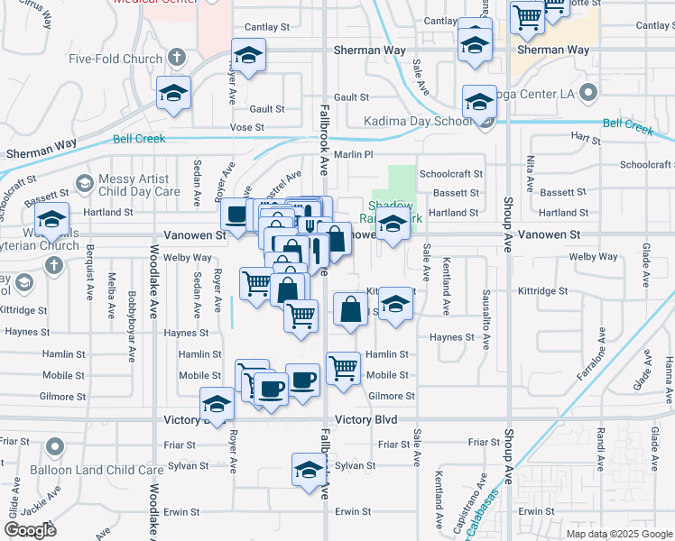 map of restaurants, bars, coffee shops, grocery stores, and more near 6740 Fallbrook Avenue in Los Angeles