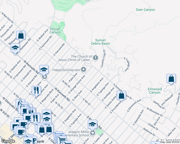 map of restaurants, bars, coffee shops, grocery stores, and more near 1058 East Orange Grove Avenue in Burbank
