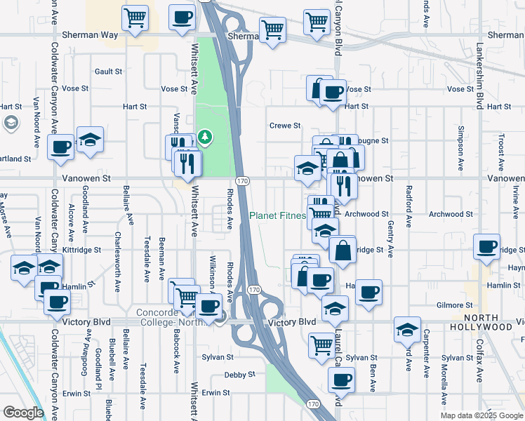 map of restaurants, bars, coffee shops, grocery stores, and more near 6701 Laurelgrove Avenue in Los Angeles