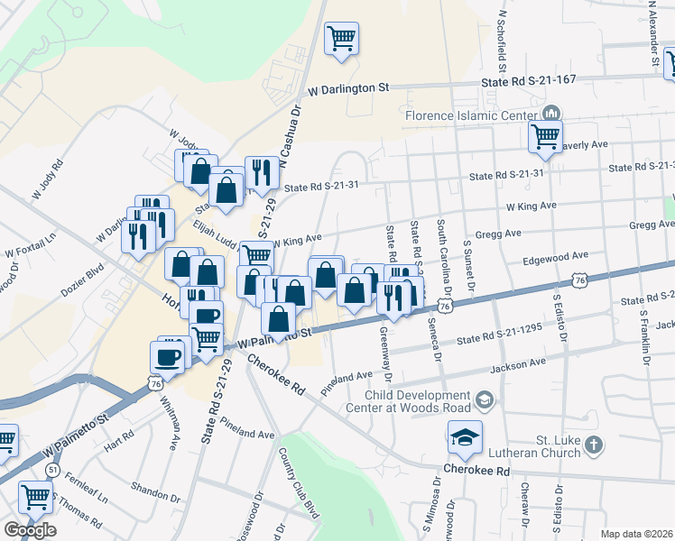 map of restaurants, bars, coffee shops, grocery stores, and more near 167 Queens Road in Florence
