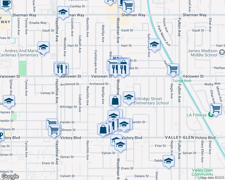 map of restaurants, bars, coffee shops, grocery stores, and more near 6704 Mammoth Avenue in Los Angeles