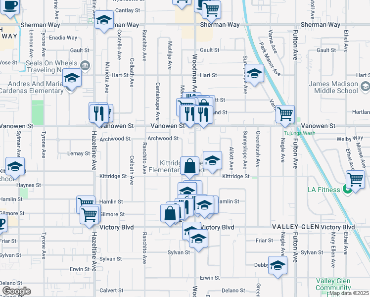 map of restaurants, bars, coffee shops, grocery stores, and more near 6704 Mammoth Avenue in Los Angeles