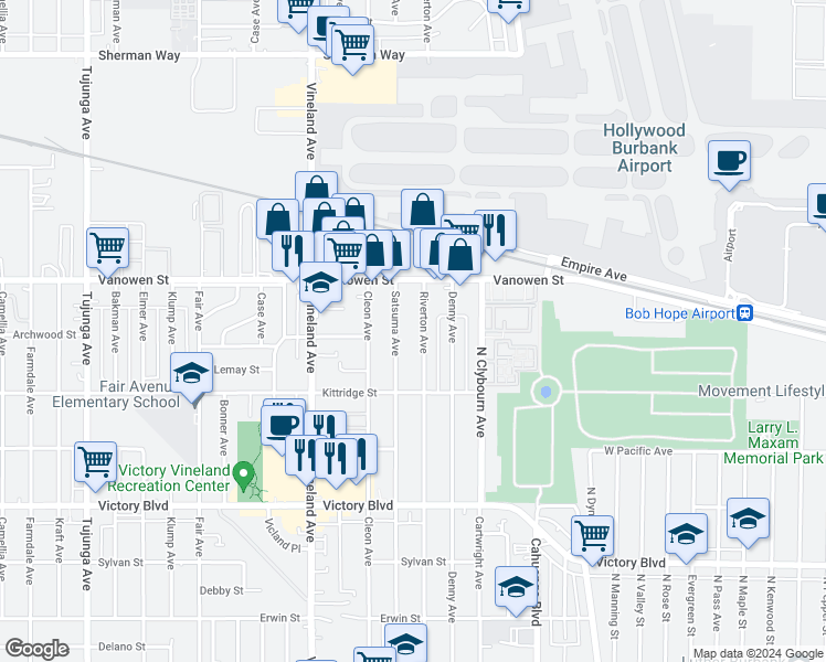 map of restaurants, bars, coffee shops, grocery stores, and more near 6705 Riverton Avenue in Los Angeles