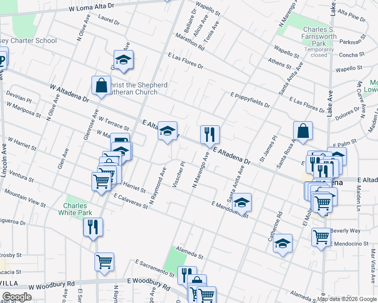map of restaurants, bars, coffee shops, grocery stores, and more near 230 Highlawn Place in Altadena